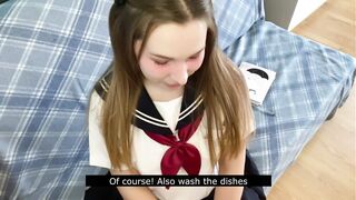 Cutie in Japanese school uniform touches your cock and gets embarrassed